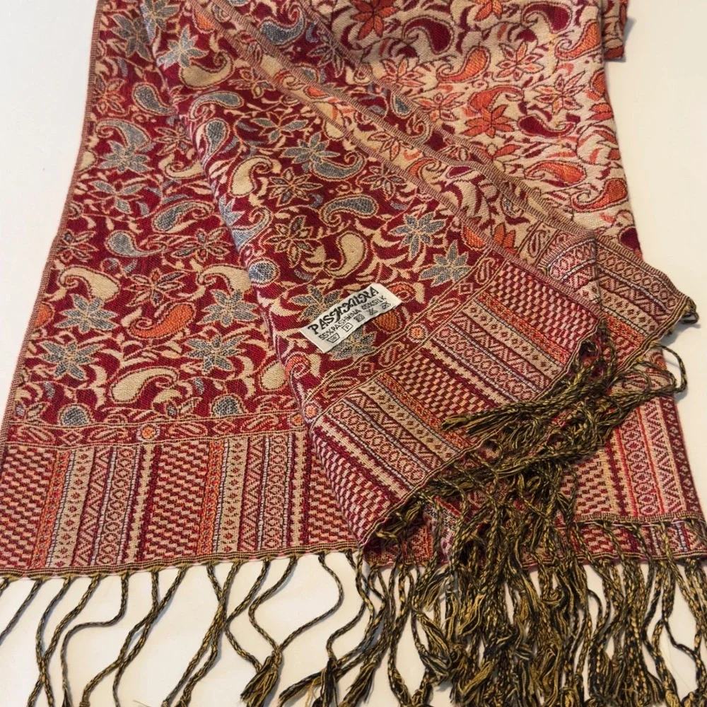 Pashmina Silk Blend Paisley Floral Scarf Wrap Red Orange Fringed Tassel 76x27